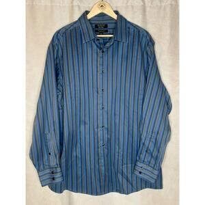 Murano Gold Label Blue Striped Dress Shirt Non Iron Cotton 17.5/35